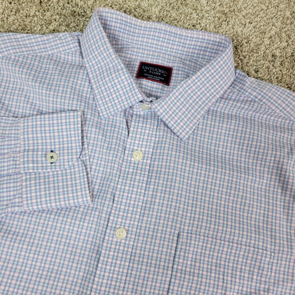 Untuckit‎ Mens XL White Blue Plaid Check Performance Stretch Button Up LS